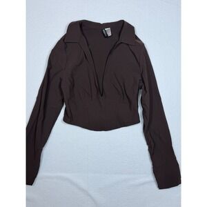 H&M Divided Blouse Women Medium Brown Deep V-Neck Long Sleeve Corset Hem